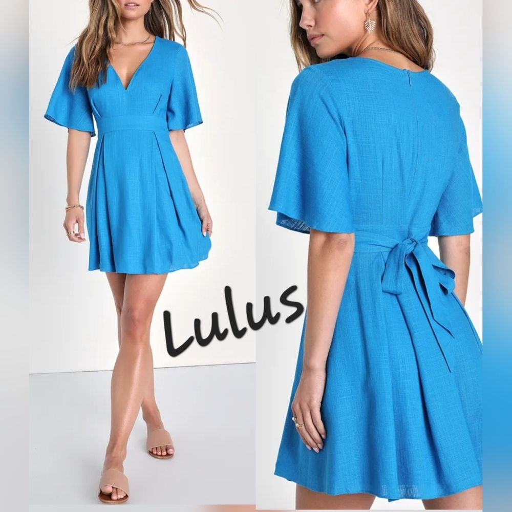 Lulus Simply Adorable Blue Pleated Flutter Sleeve Mini Dress Sz M
